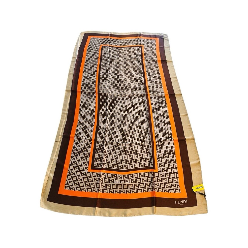 Fendi FF Logo Silk Scarf Brown & Orange 100% Silk 70” x 35”